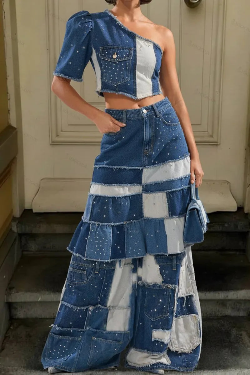 Women's Casual Spliced Denim Top With Rhinestone Accents & Paneled Wide Leg Jeans