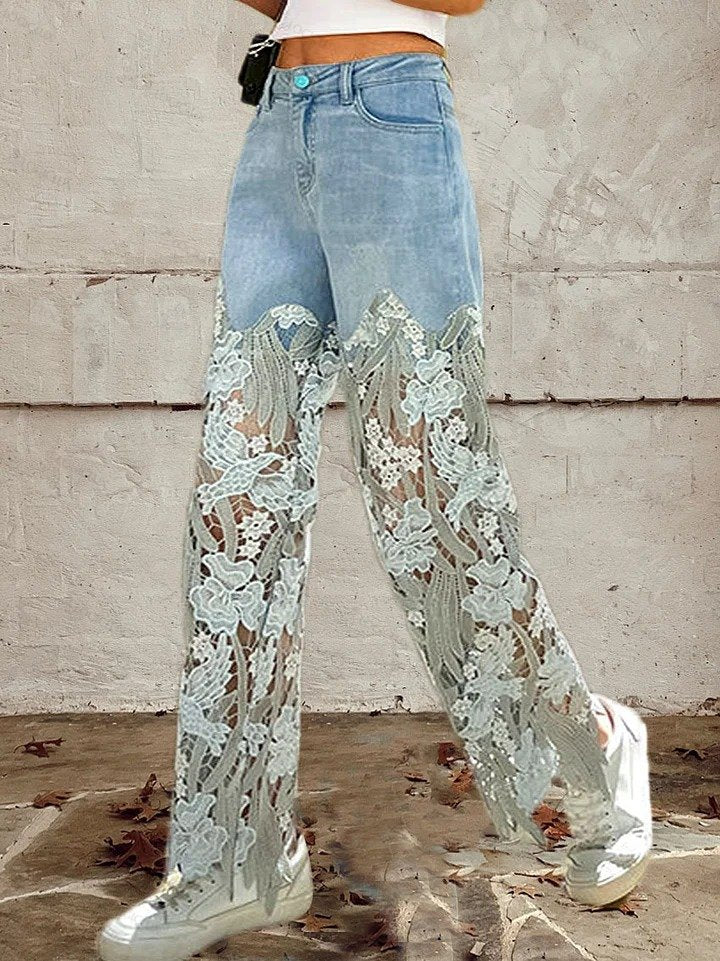 Women's Mid Waist Buttoned Lace Patchwork Jeans