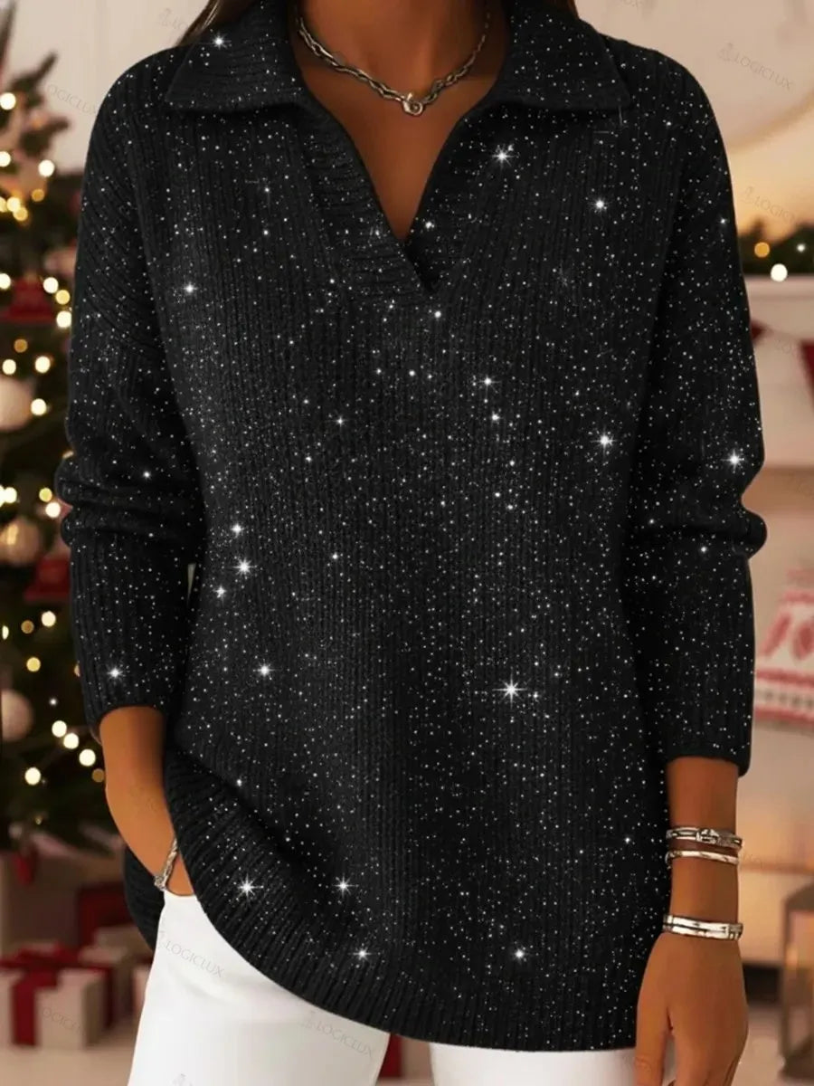 Christmas Party Polo Collar Shiny Loose Sweater Top