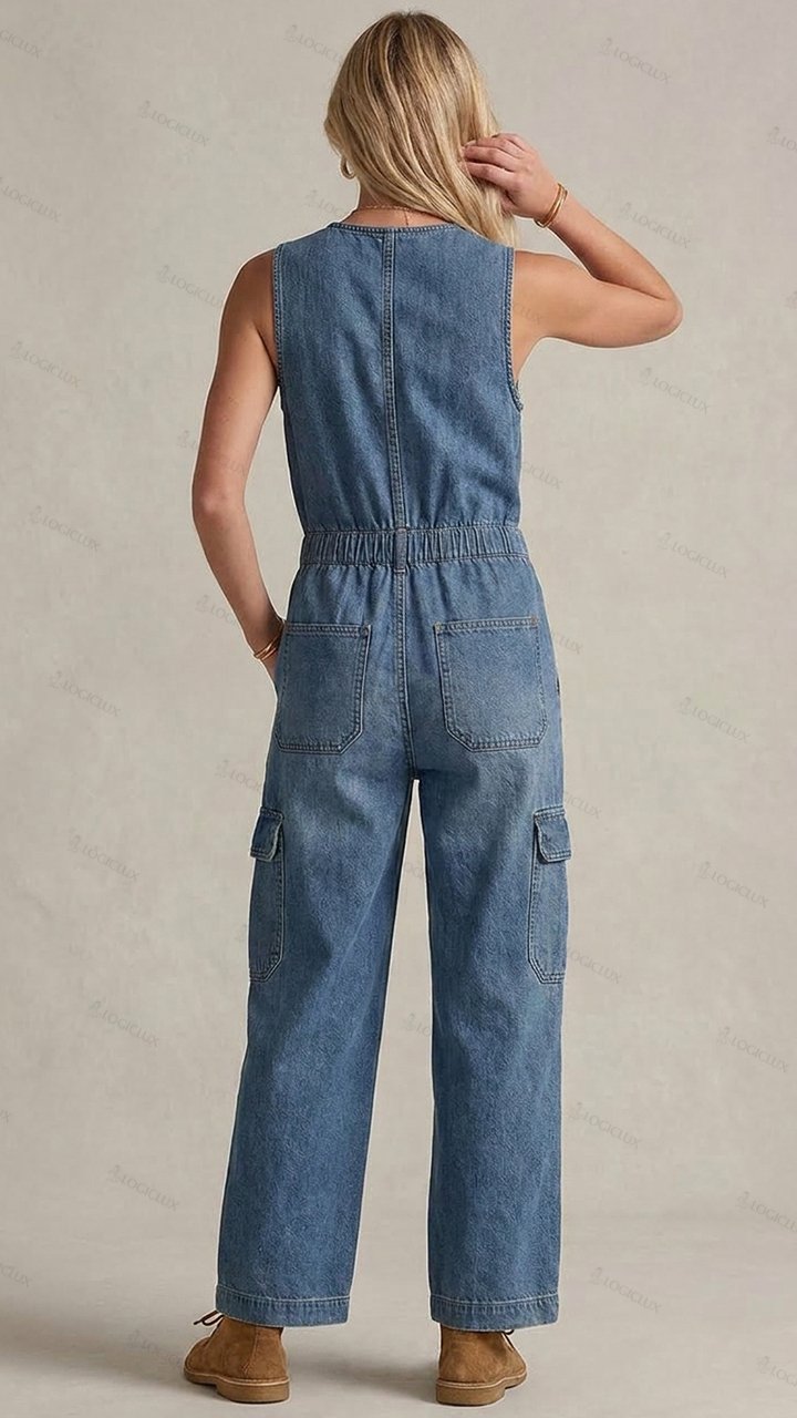 Womens Sleeveless V-neck Multi-pocket Drawstring Waist Denim Wide Leg Jumpsuit