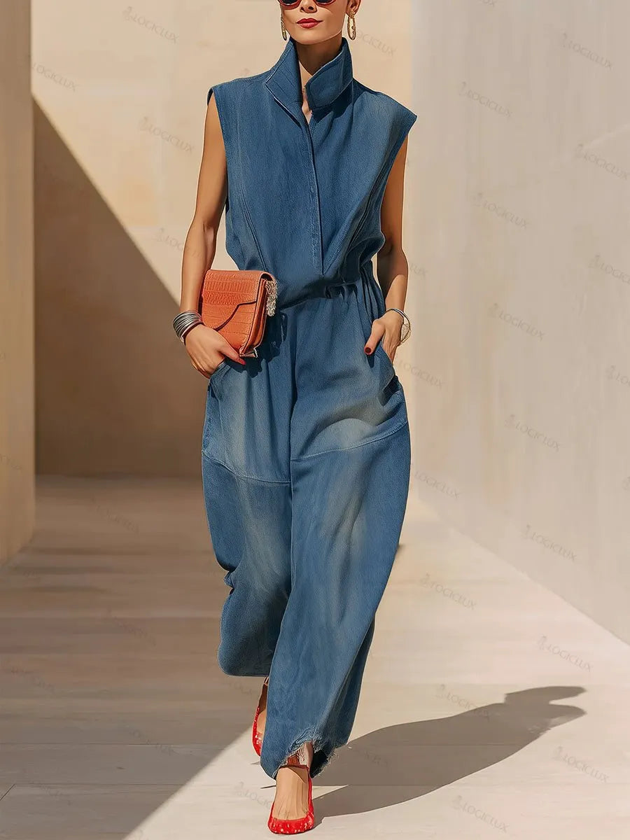 Women's Stand-up Collar Sleeveless Casual Loose Denim Jumpsuit