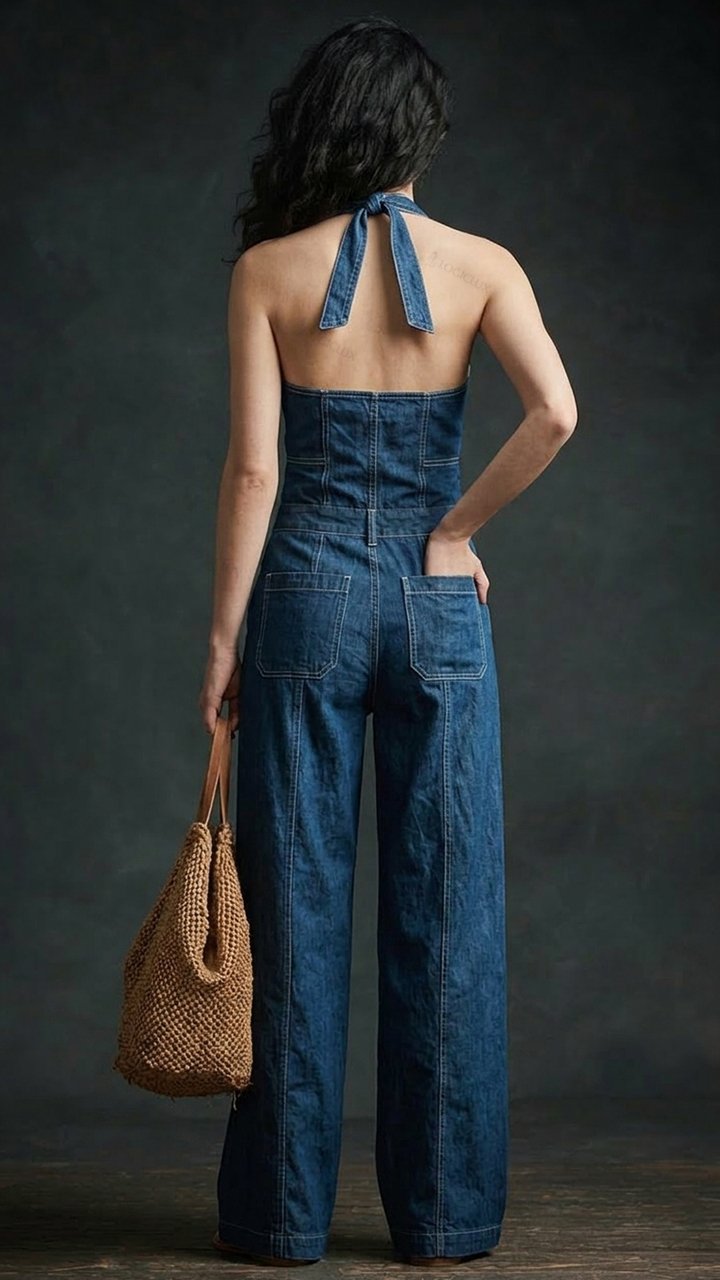 Women's neck-attached denim button-up wide-leg jumpsuit