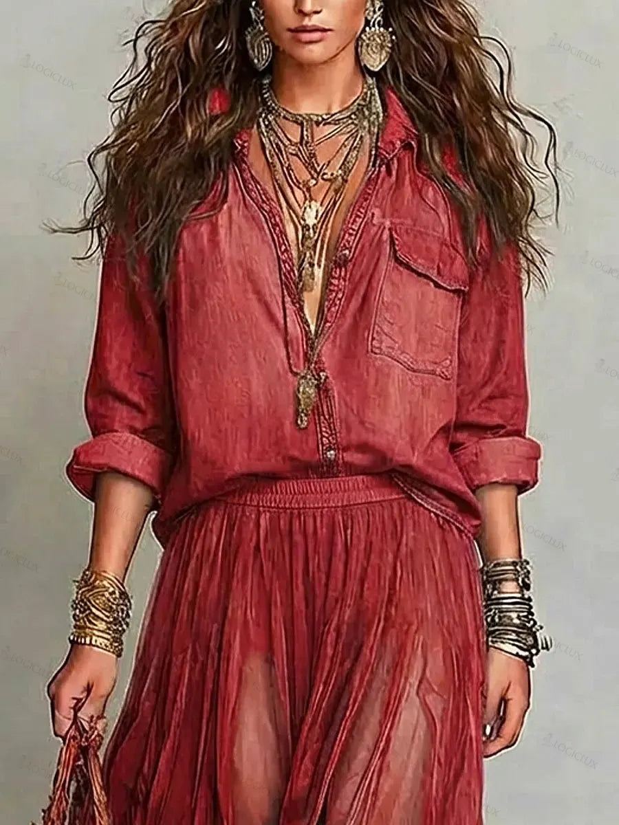 Women's Retro Lapel Art Casual Long Sleeve Denim Shirt