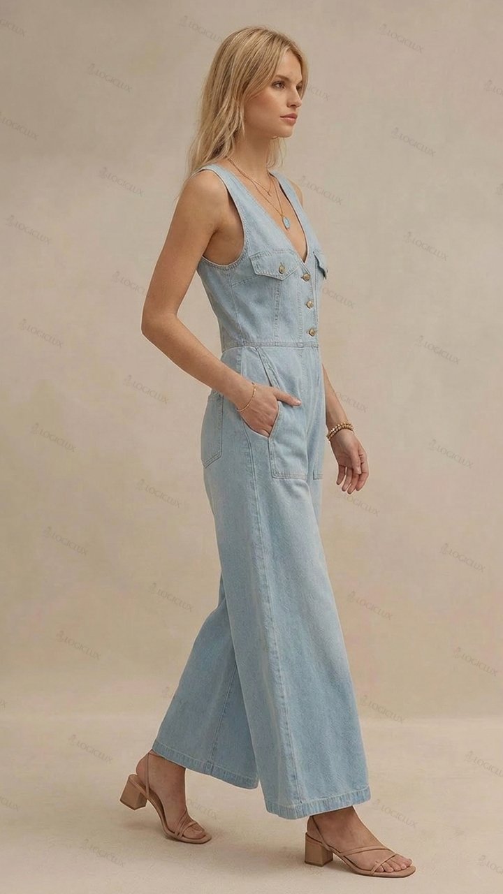 Womens Sleeveless V-neck Single-breasted Wide Leg Denim Jumpsuit