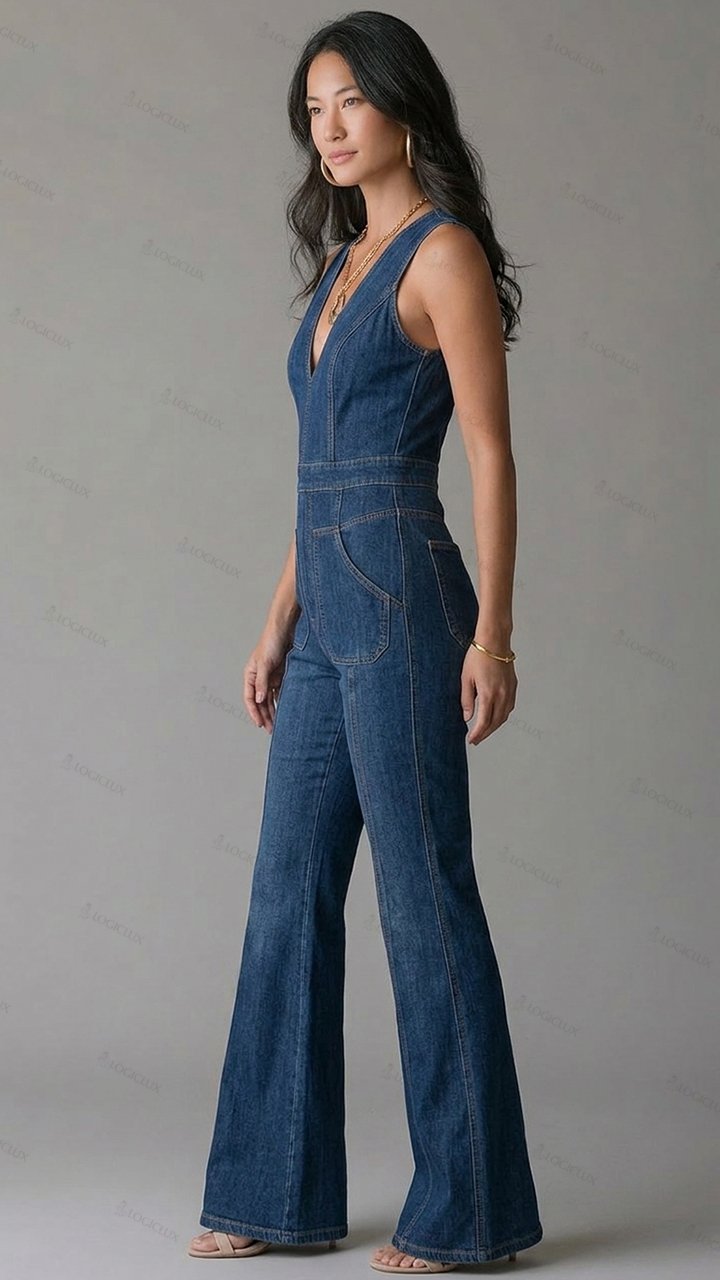 Womens Sleeveless V-neck High Waist Flared Denim Jumpsuit