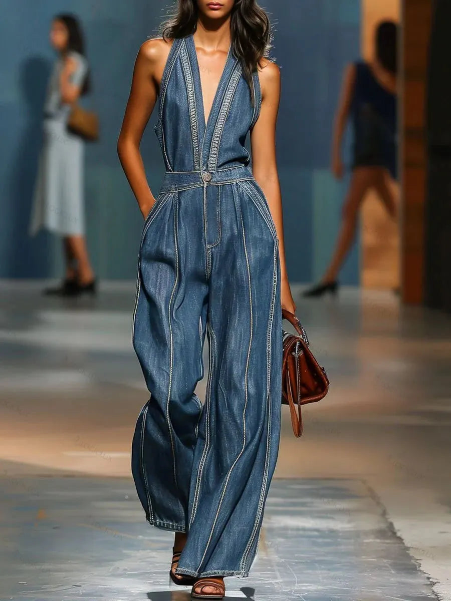 Women's V-neck Sleeveless Casual Loose Denim Jumpsuit With Wide Legs