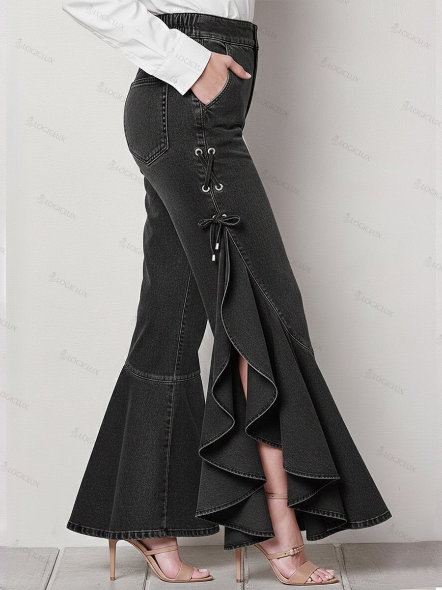 Elegant ruffled denim pants
