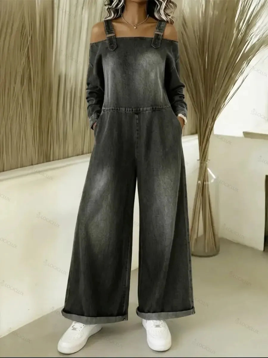 Women's Fashionable Off-the-shoulder Denim Jumpsuit