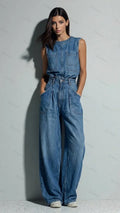 Women's Sleeveless Denim Vest with High-waist Wide-leg Denim Pants Set