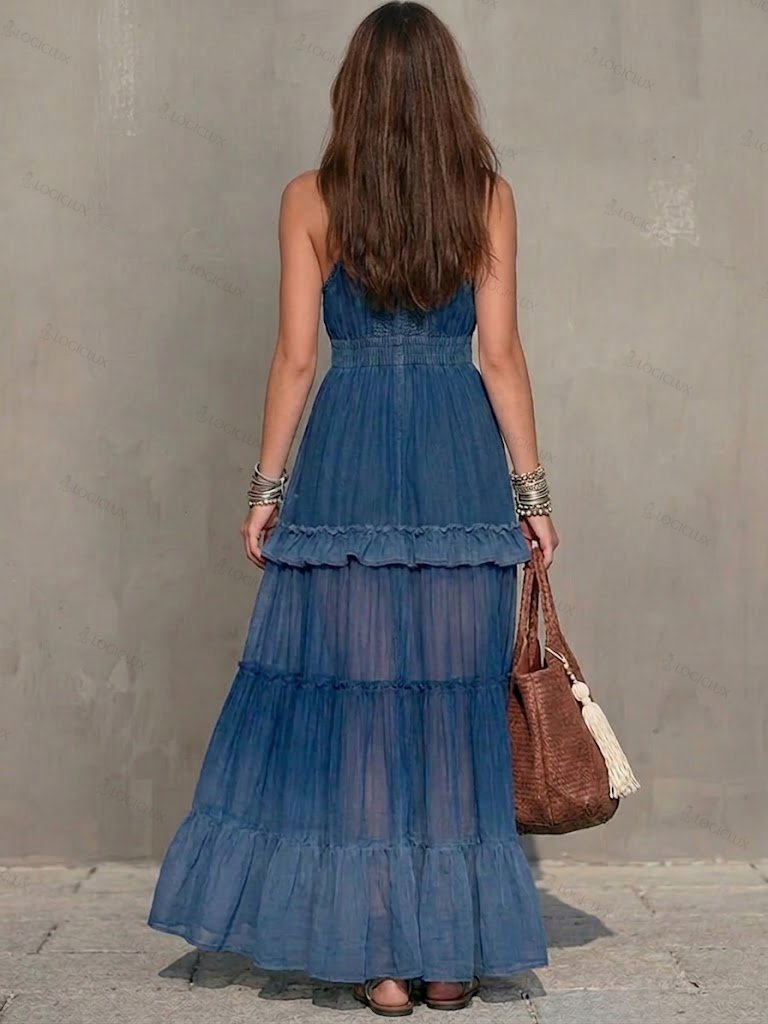 Stylish And Elegant Sleeveless Denim Dress With Chiffon Paneling