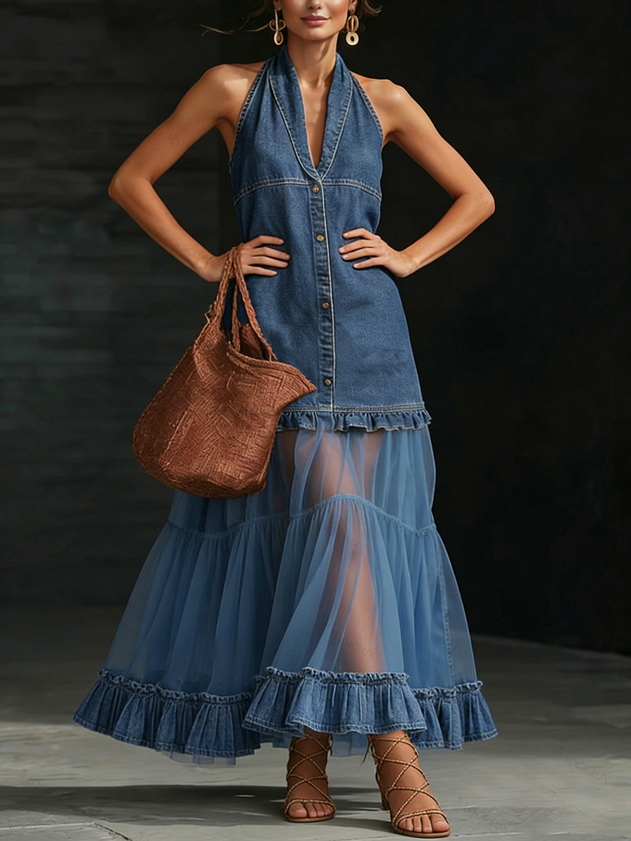 Stylish Elegant Organza-Paneled Denim Maxi Dress