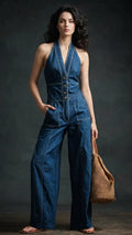 Women's neck-attached denim button-up wide-leg jumpsuit