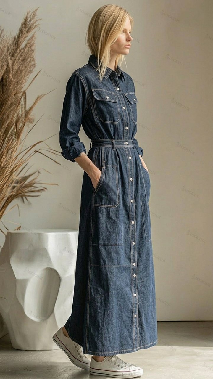 Women's Turn-down Collar Cinched-waist Denim Maxi Shirt Dress with Pockets