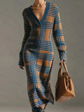 Women's Cozy V-neck Plaid Sweater Dress