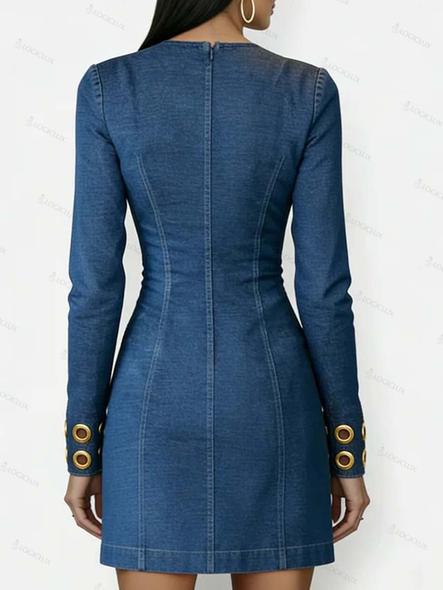Women's Round Neck Long Sleeve Casual Slim Fit Denim Dress