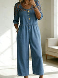 Women's Casual Retro Stylish Hollow Patchwork Denim Jumpsuit