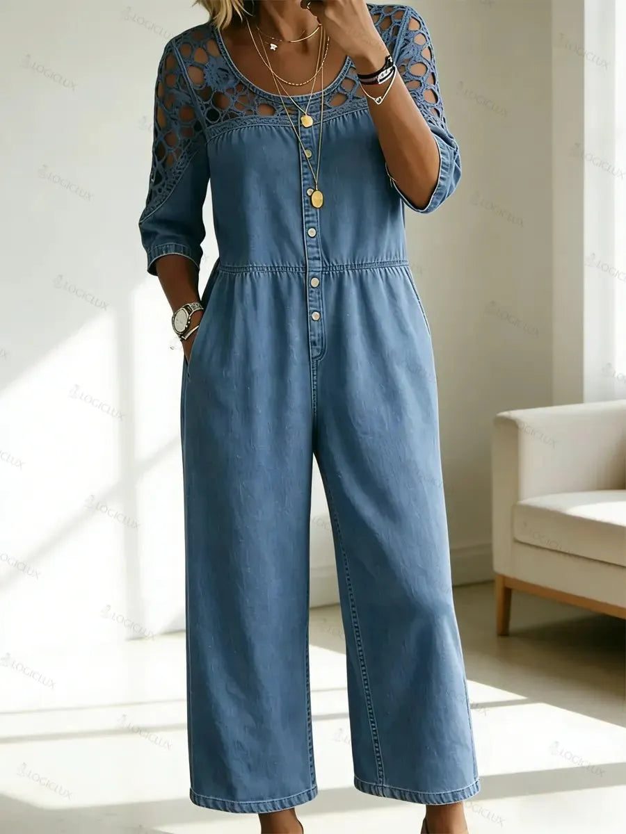 Women's Casual Retro Stylish Hollow Patchwork Denim Jumpsuit
