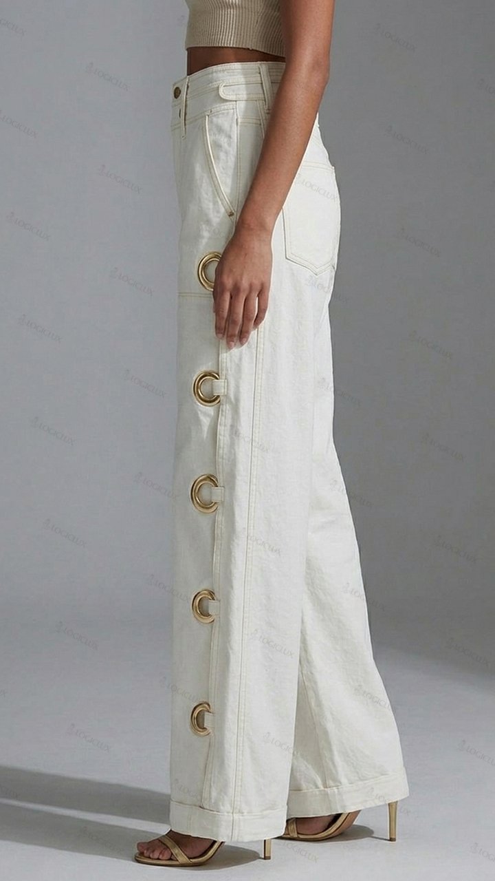 Womens Metal Ring Decorated Wide Leg Denim Pants