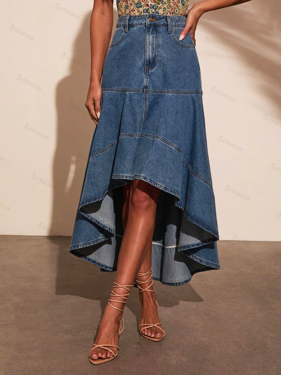 Women's Casual Denim Skirt With A Shorter Front And Longer Back.