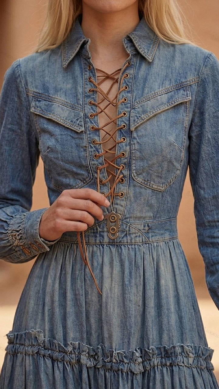 Women's Lace-up Cinched-waist Tiered Denim Maxi Dress