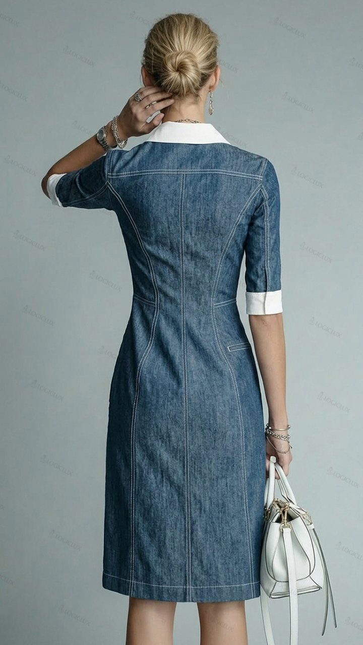 Women's Contrast Collar Zipper-front Denim Knee-length Dress