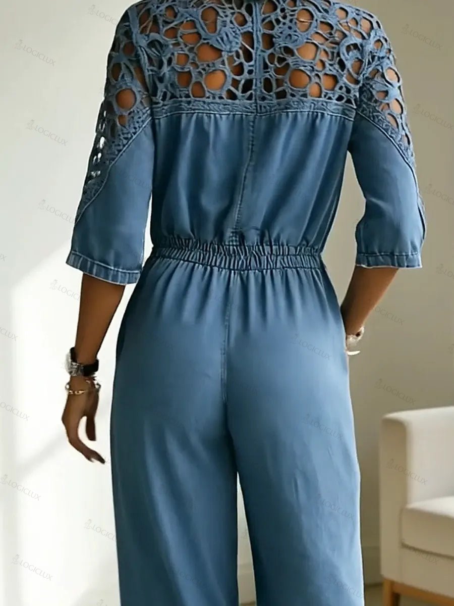 Women's Casual Retro Stylish Hollow Patchwork Denim Jumpsuit