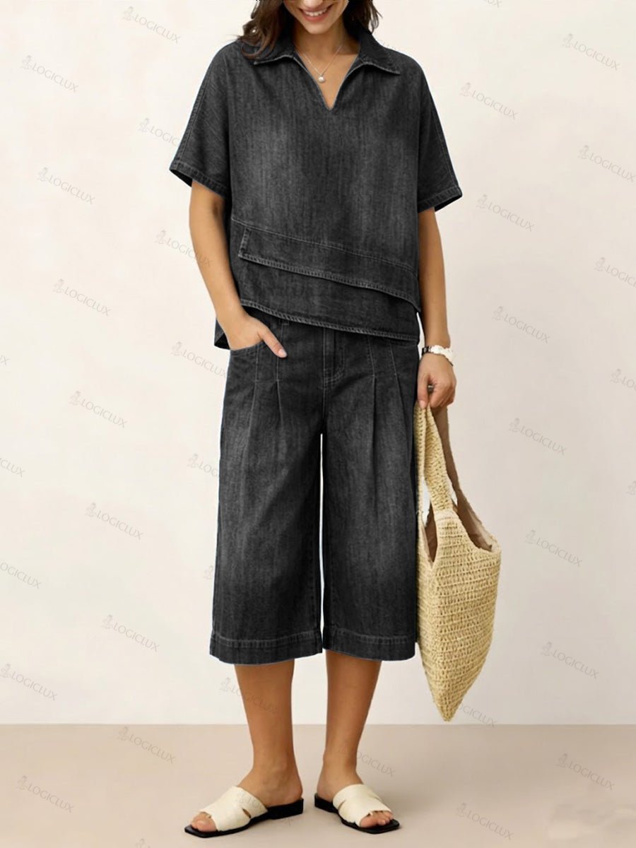 Women's V-neck Short-sleeved Casual Loose Denim Top And High-waisted Wide-leg Jeans Set
