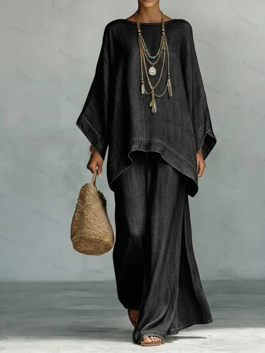 Cozy And Casual Tencel Denim Top And Wide-leg Pants Two-piece Set