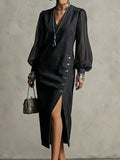 Stylish V-neck Side Slits Mesh Paneling Denim Dress
