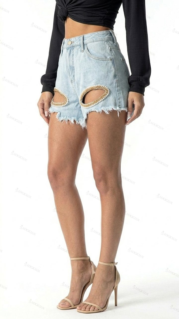 Womens High Waist Frayed Ripped Denim Shorts