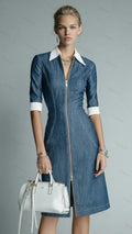 Women's Contrast Collar Zipper-front Denim Knee-length Dress