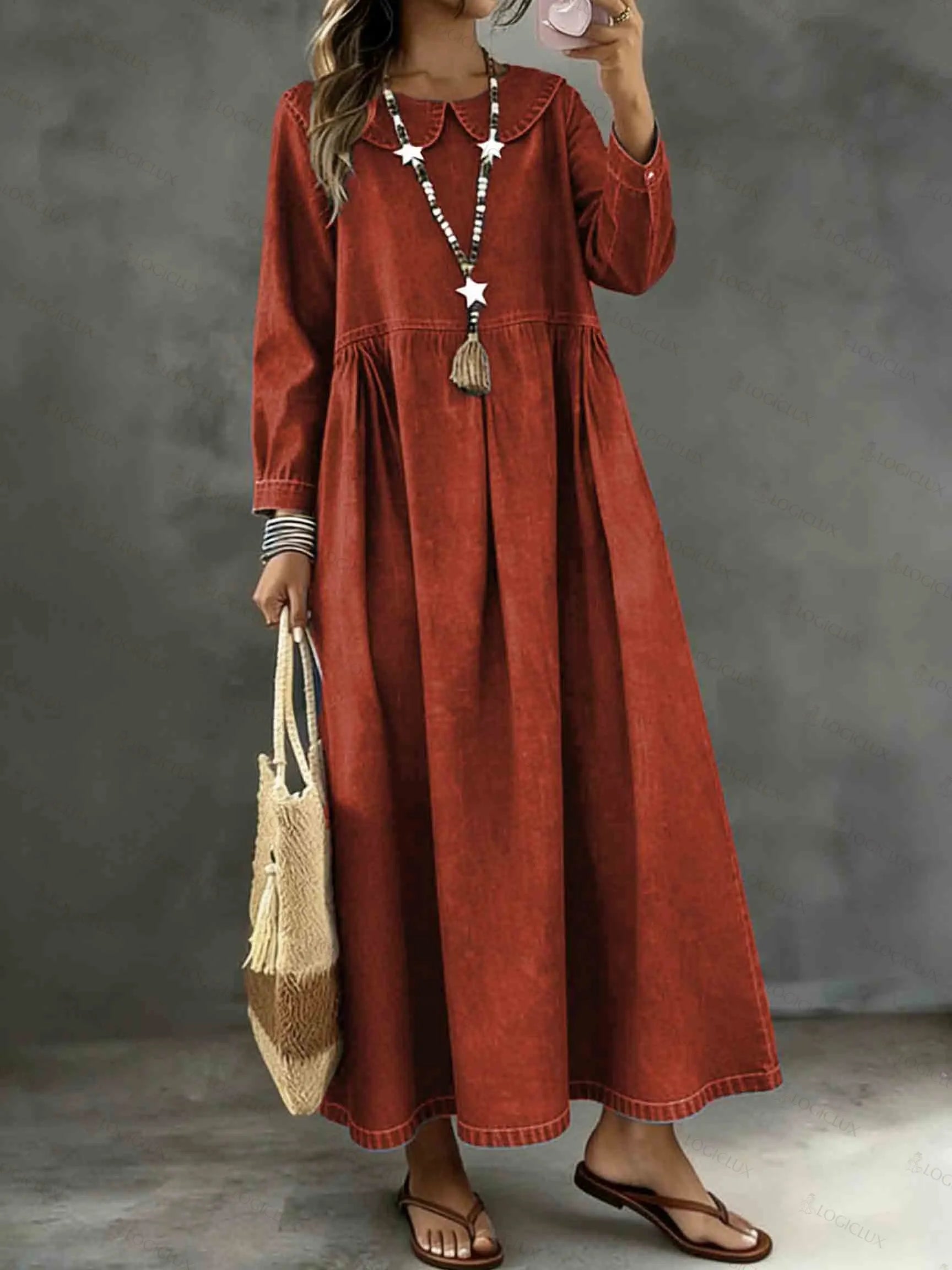 Long Sleeved Lotus leaf collar  Loose Denim Dress