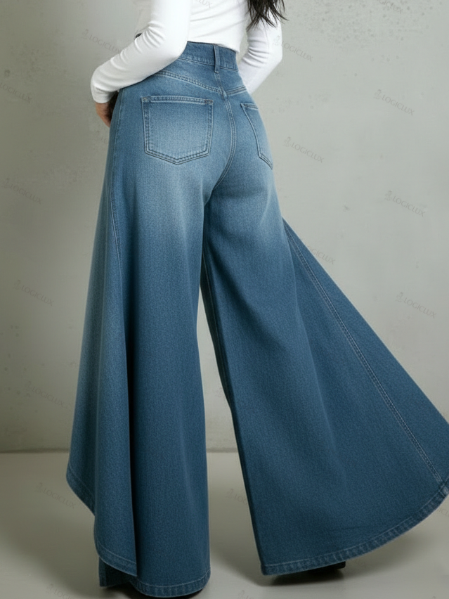 Retro High-waisted Ruffled Hem Tie-waist Loose-fitting Denim Jeans