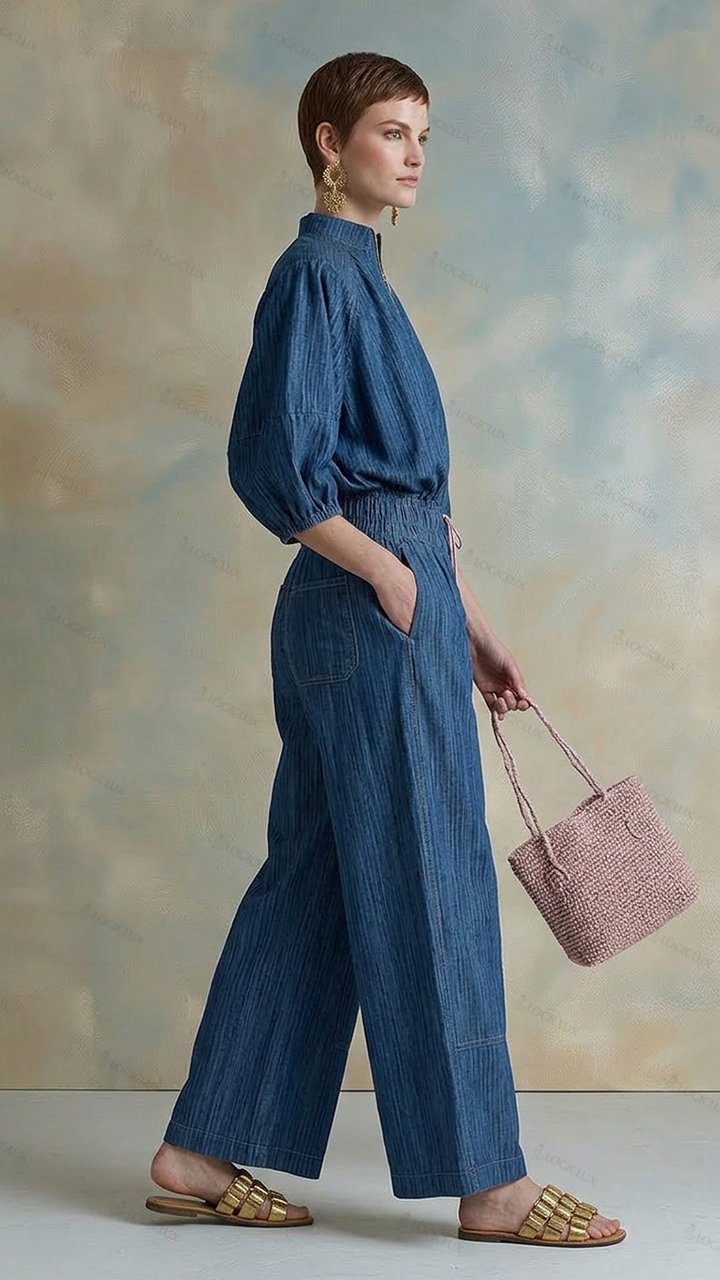 Women's Stand-up Collar Zipper Denim Jumpsuit