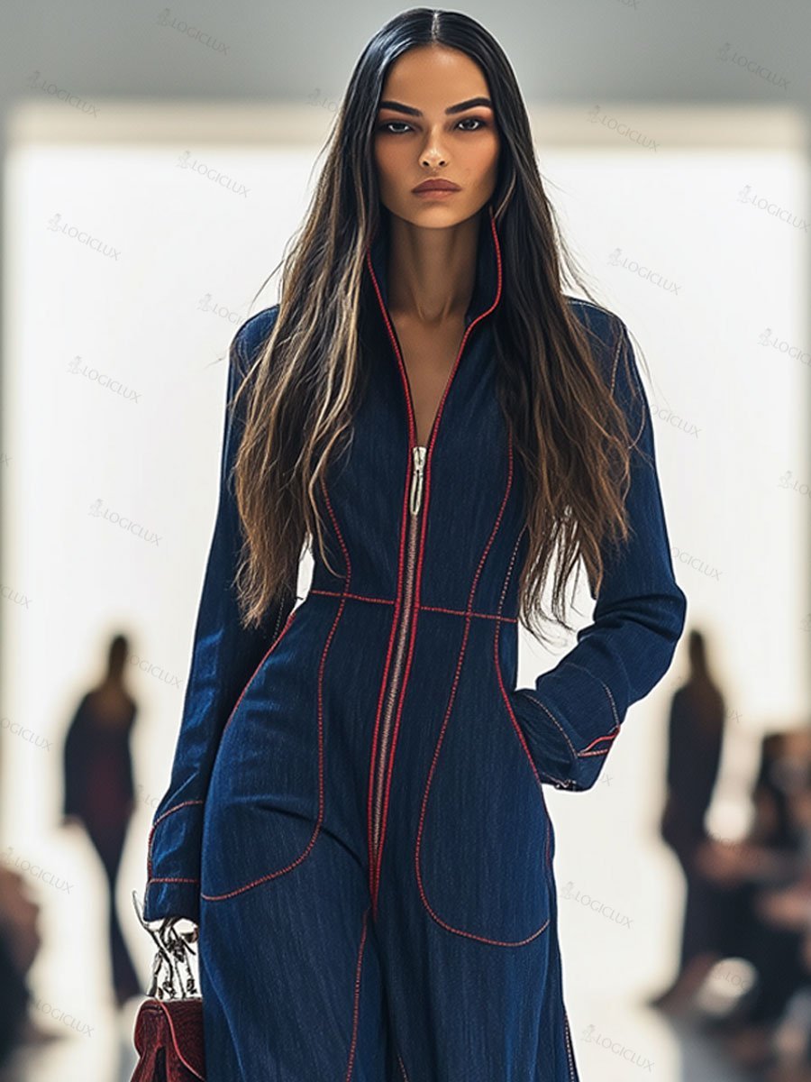 Women's Lapel Retro Zipper Pocket Long-Sleeved Wide-Leg Denim Jumpsuit