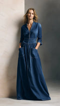 Women's V-neck Cinched-waist Denim Maxi Dress with Large Pockets