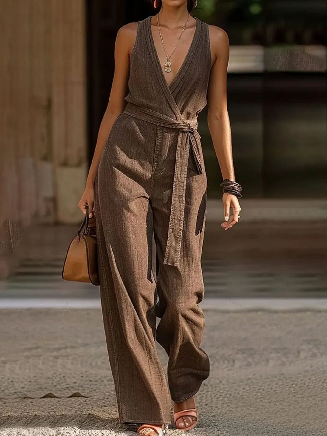 Elegant Casual Loose-fitting Cotton Wide-leg Jumpsuit