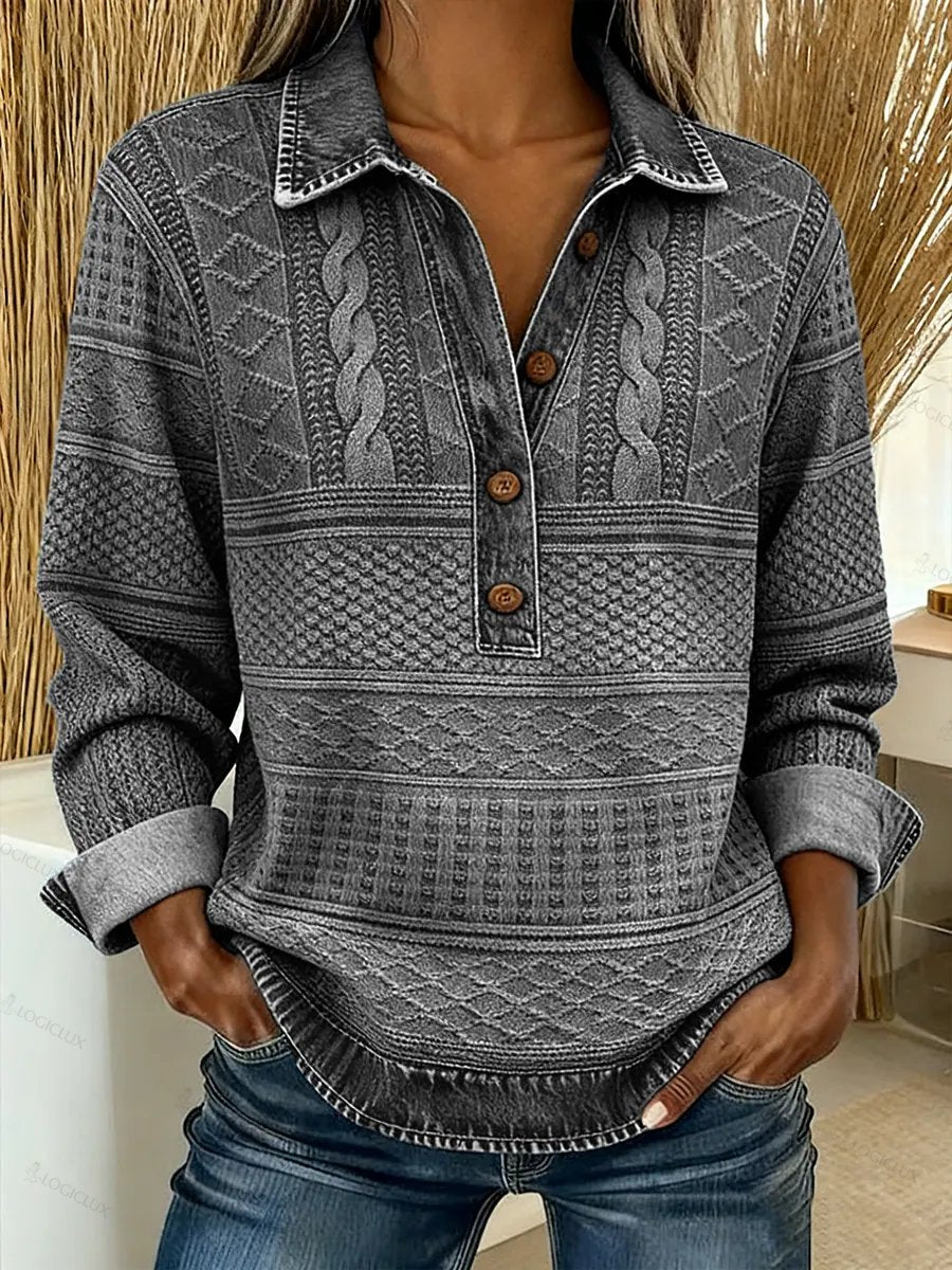 Women's Denim Print Shirt Collar Casual Loose Knit Top