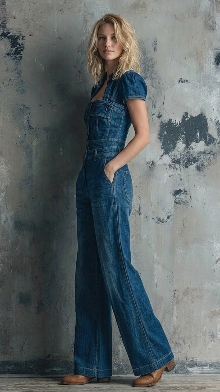 Women's Short-sleeved Deep-neck Cinched-waist Denim Wide-leg Jumpsuit
