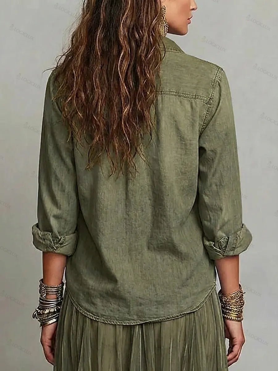 Women's Retro Lapel Art Casual Long Sleeve Denim Shirt