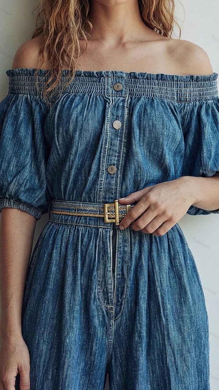 Women's Off-shoulder Puff-sleeve Denim Wide-leg Jumpsuit