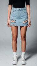 Womens High Waist Ripped Stud Denim Mini Skirt