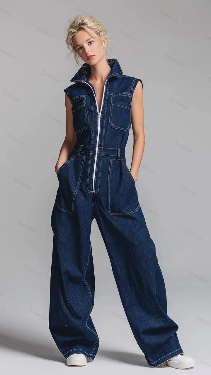 Women's Sleeveless Denim Wide-leg Jumpsuit