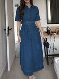Women's Short-sleeved Casual Loose Denim Dress With Shirt Collar