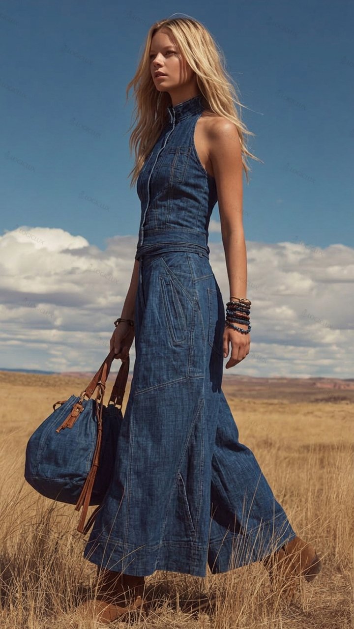 Retro Denim Sleeveless Top & Wide-Leg Pants Set