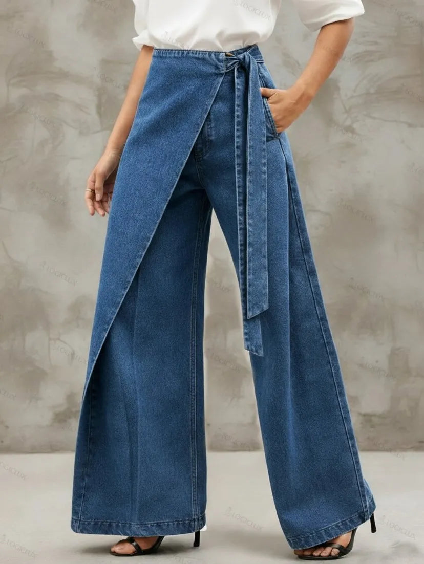 Stylish Elegant Wrap-around Faux Two-piece Denim Pants