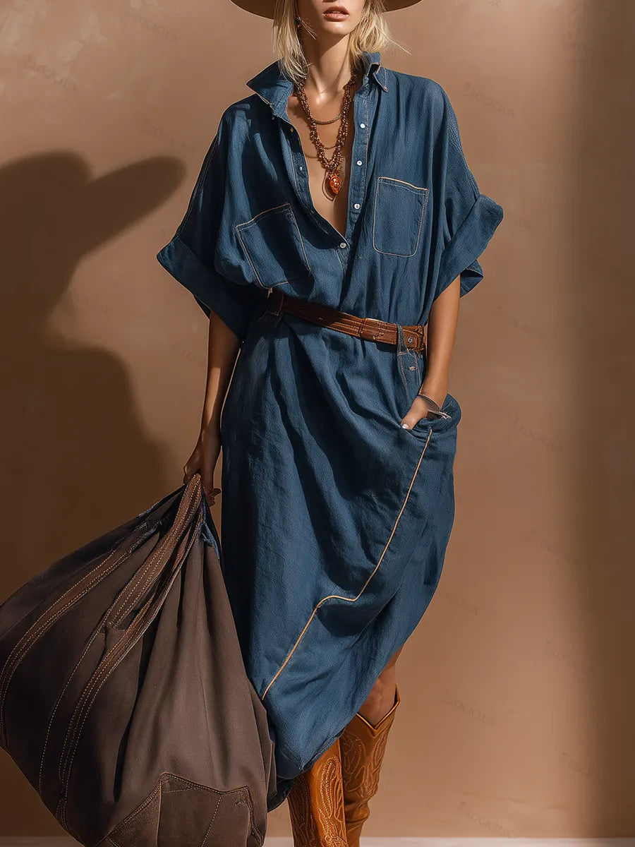 Stylish Western-style Asymmetrical Hem Short Sleeves Denim Midi Dress