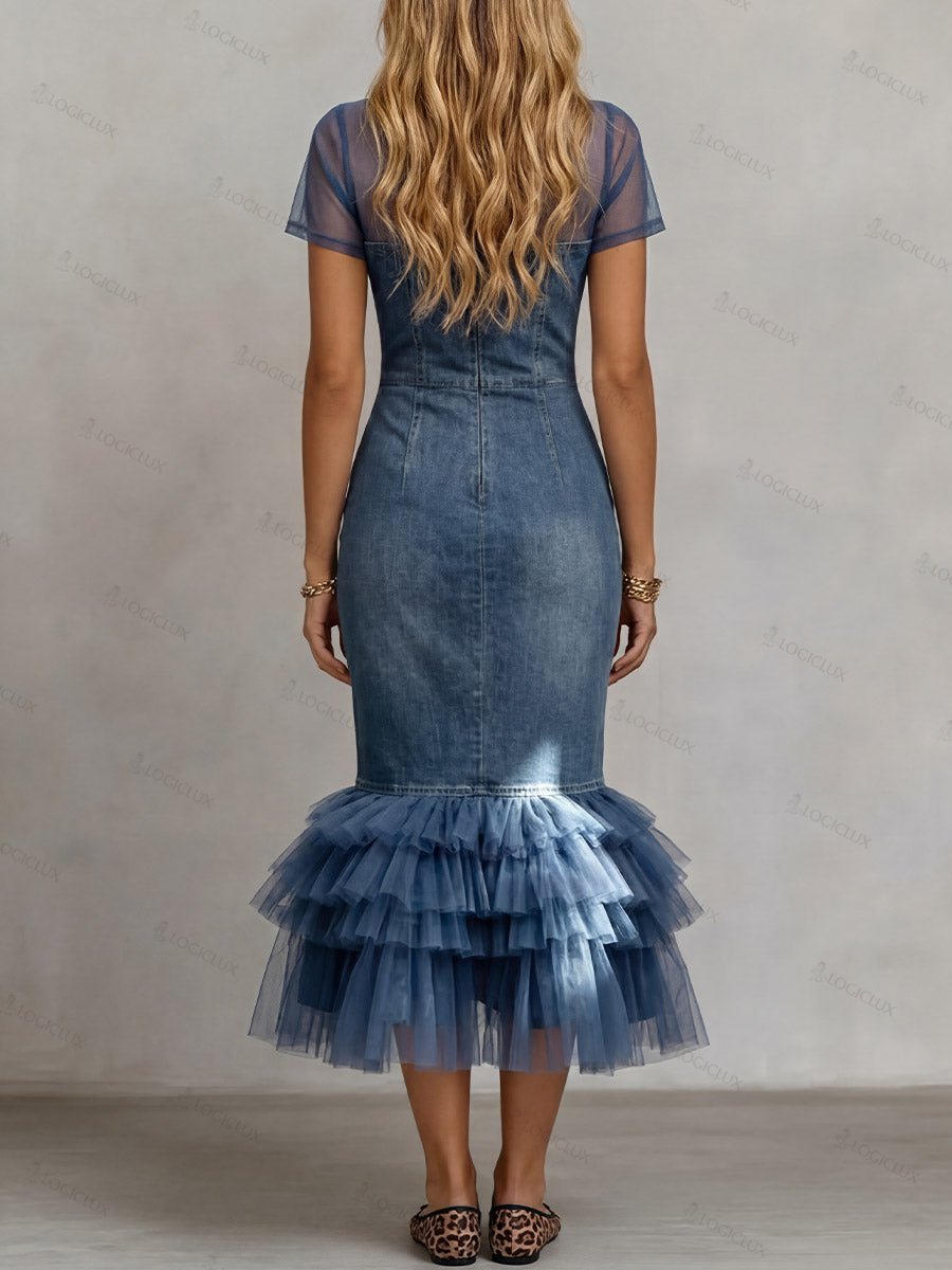 Women's Stand-collar Short-sleeve Slim-fit Casual Denim Dress