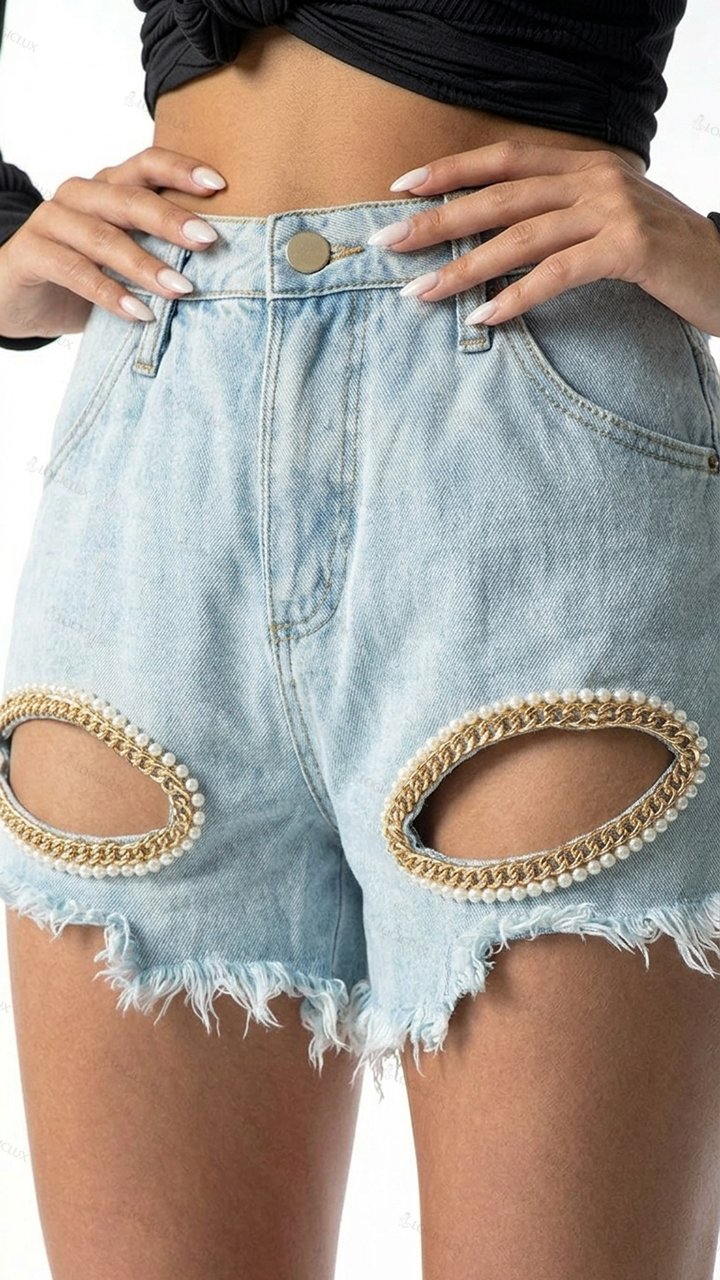 Womens High Waist Frayed Ripped Denim Shorts