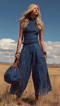 Retro Denim Sleeveless Top & Wide-Leg Pants Set